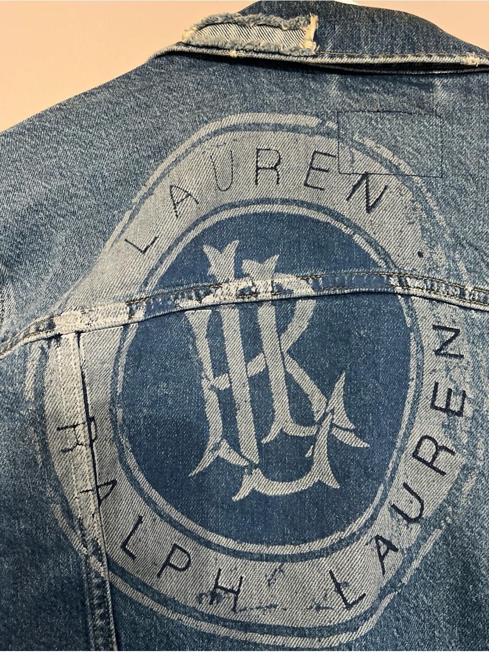 Lauren Ralph Lauren Denim Jean Jacket Women’s XL Logo Patchwork Distressed Blue - Picture 3 of 10